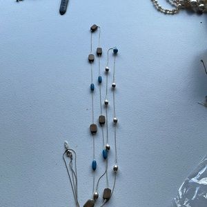 Silver 20” necklace with brown and turquoise beads and turquoise bead earrings